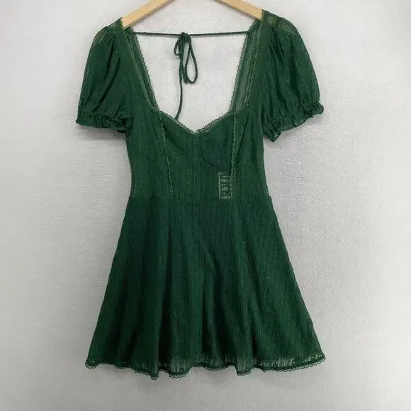 URBAN OUTFITTERS Dress S Roxie Lace Trim Mini Puff Sleeve Nylon Green NEW - Picture 2 of 16